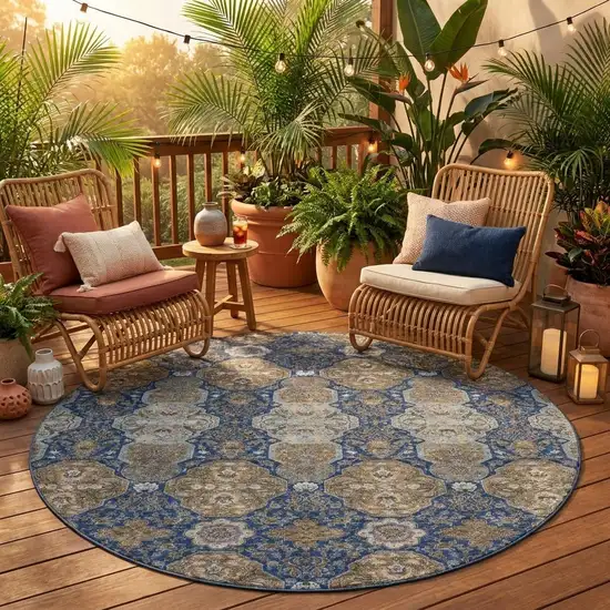 8' Navy Blue And Gray Round Floral Washable Indoor Outdoor Area Rug Photo 1