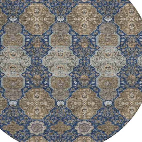 8' Navy Blue And Gray Round Floral Washable Indoor Outdoor Area Rug Photo 3