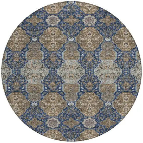 8' Navy Blue And Gray Round Floral Washable Indoor Outdoor Area Rug Photo 4