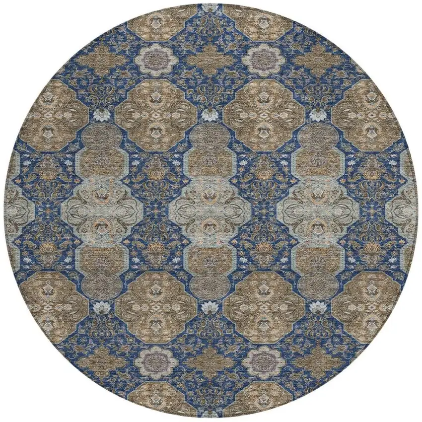 8' Navy Blue And Gray Round Floral Washable Indoor Outdoor Area Rug Photo 4