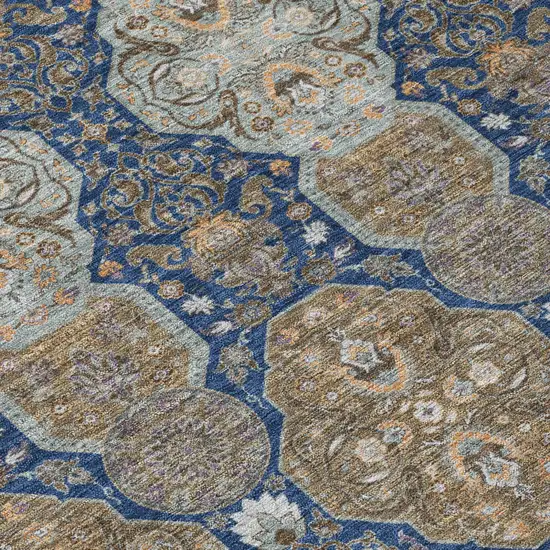 8' Navy Blue And Gray Round Floral Washable Indoor Outdoor Area Rug Photo 6