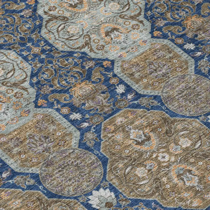 8' Navy Blue And Gray Round Floral Washable Indoor Outdoor Area Rug Photo 6