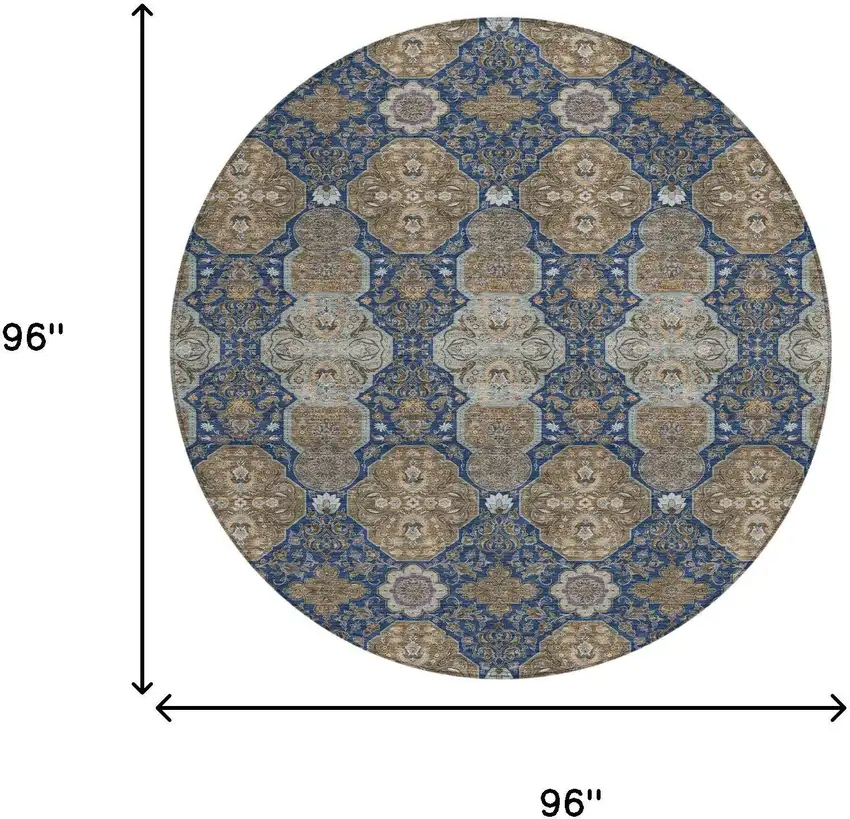 8' Navy Blue And Gray Round Floral Washable Indoor Outdoor Area Rug Photo 7