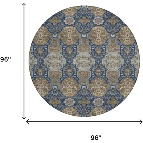 8' Navy Blue And Gray Round Floral Washable Indoor Outdoor Area Rug Photo 7