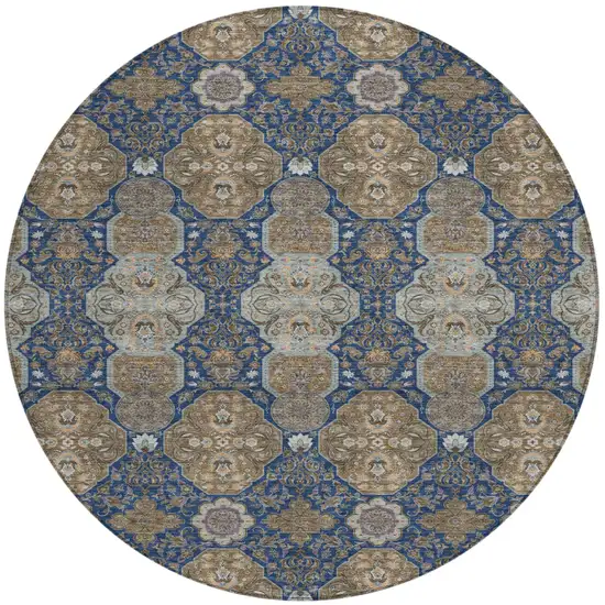 8' Navy Blue And Gray Round Floral Washable Indoor Outdoor Area Rug Photo 2
