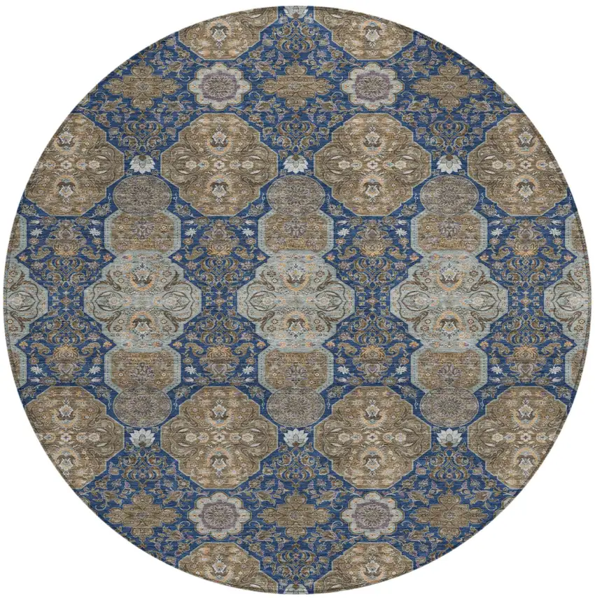 8' Navy Blue And Gray Round Floral Washable Indoor Outdoor Area Rug Photo 2