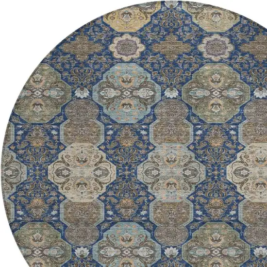 8' Navy Blue And Gray Round Floral Washable Indoor Outdoor Area Rug Photo 3