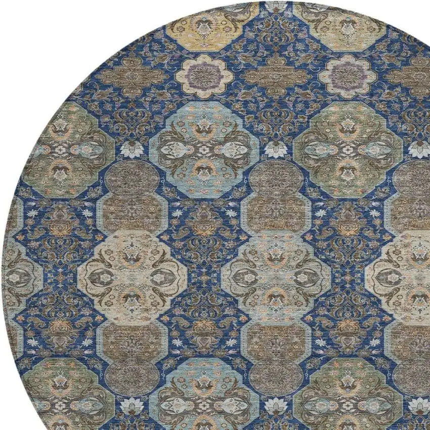8' Navy Blue And Gray Round Floral Washable Indoor Outdoor Area Rug Photo 3