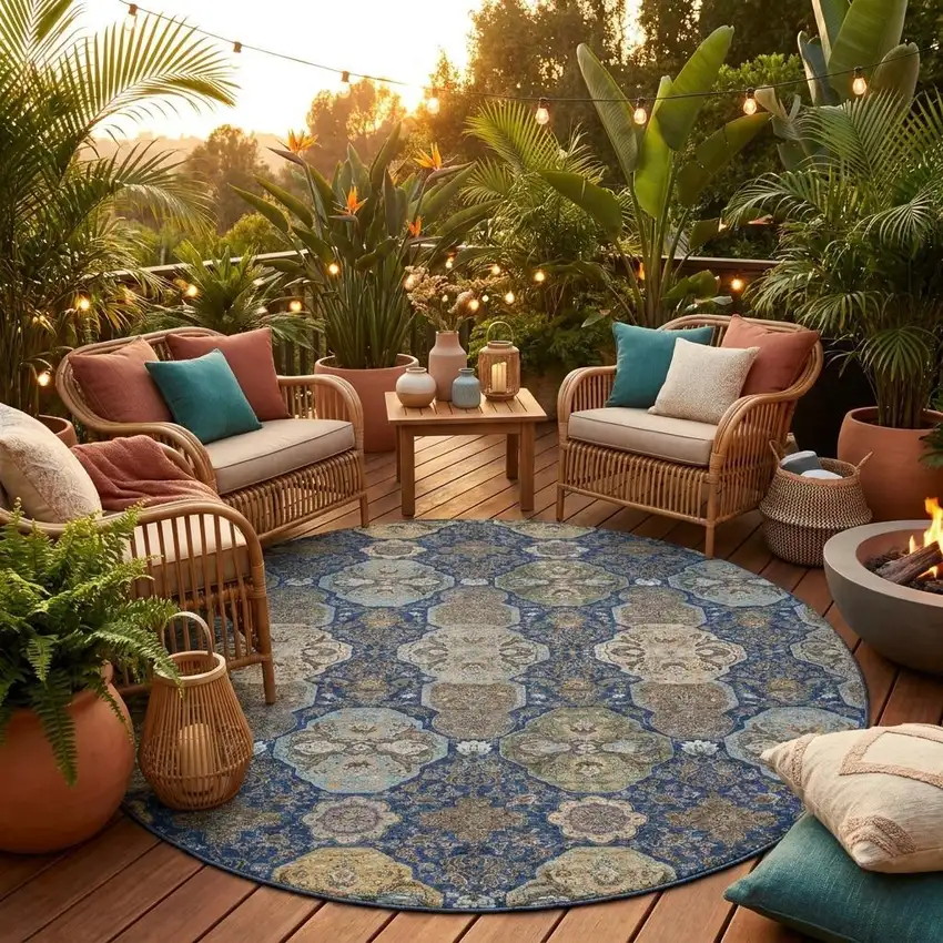 8' Navy Blue And Gray Round Floral Washable Indoor Outdoor Area Rug Photo 1