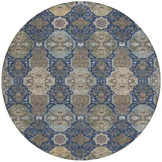 8' Navy Blue And Gray Round Floral Washable Indoor Outdoor Area Rug Photo 4