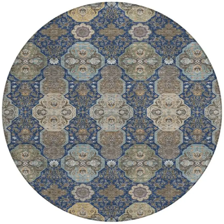 8' Navy Blue And Gray Round Floral Washable Indoor Outdoor Area Rug Photo 4