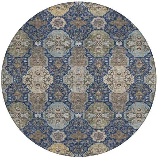 8' Navy Blue And Gray Round Floral Washable Indoor Outdoor Area Rug Photo 2