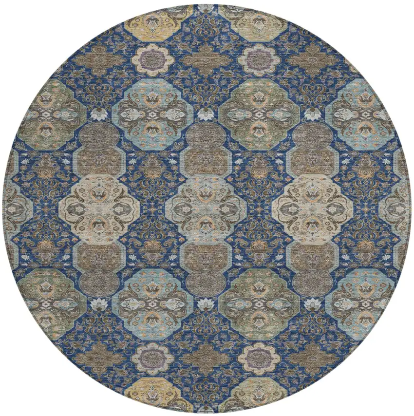 8' Navy Blue And Gray Round Floral Washable Indoor Outdoor Area Rug Photo 2