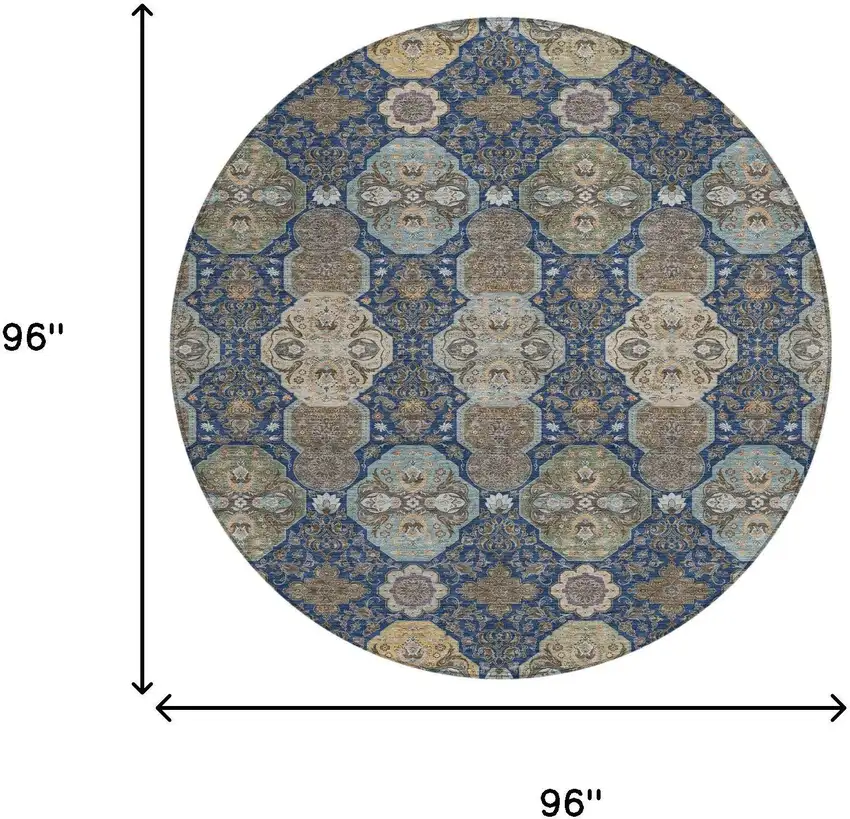 8' Navy Blue And Gray Round Floral Washable Indoor Outdoor Area Rug Photo 7