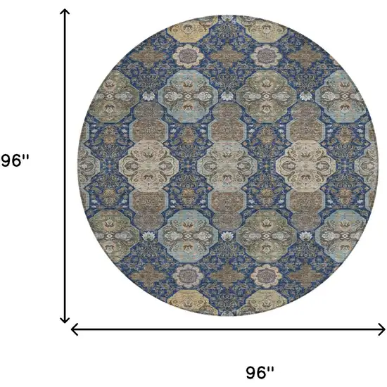 8' Navy Blue And Gray Round Floral Washable Indoor Outdoor Area Rug Photo 7
