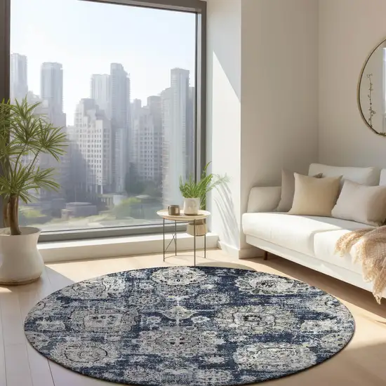 8' Navy Blue And Gray Round Floral Washable Indoor Outdoor Area Rug Photo 7
