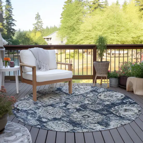 8' Navy Blue And Gray Round Floral Washable Indoor Outdoor Area Rug Photo 6