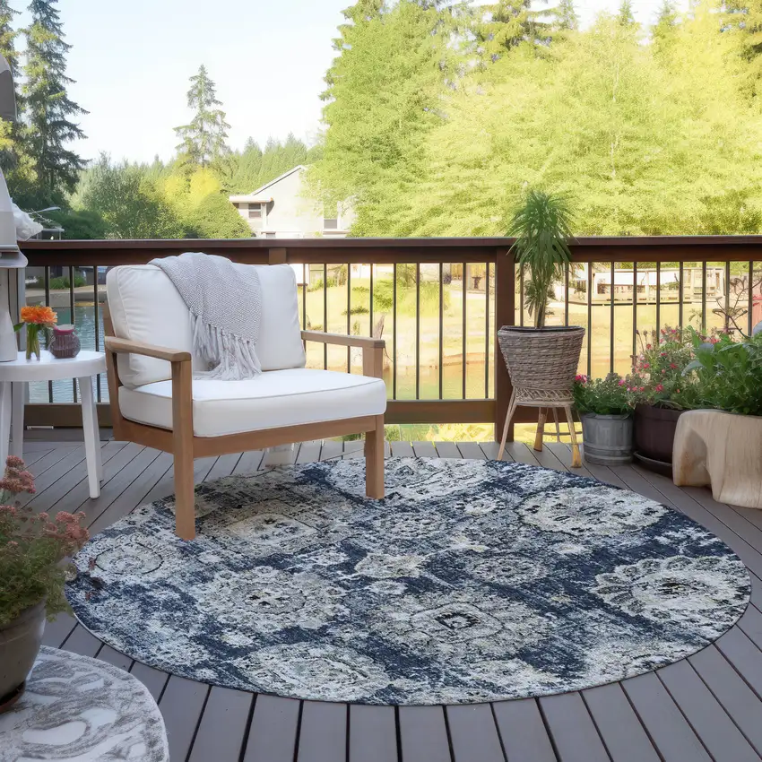 8' Navy Blue And Gray Round Floral Washable Indoor Outdoor Area Rug Photo 6