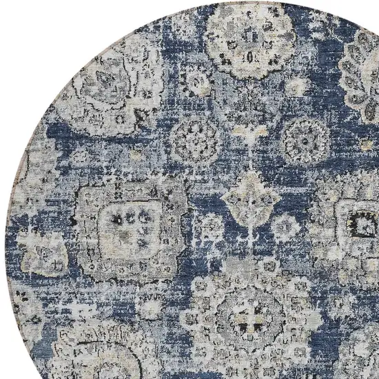 8' Navy Blue And Gray Round Floral Washable Indoor Outdoor Area Rug Photo 4