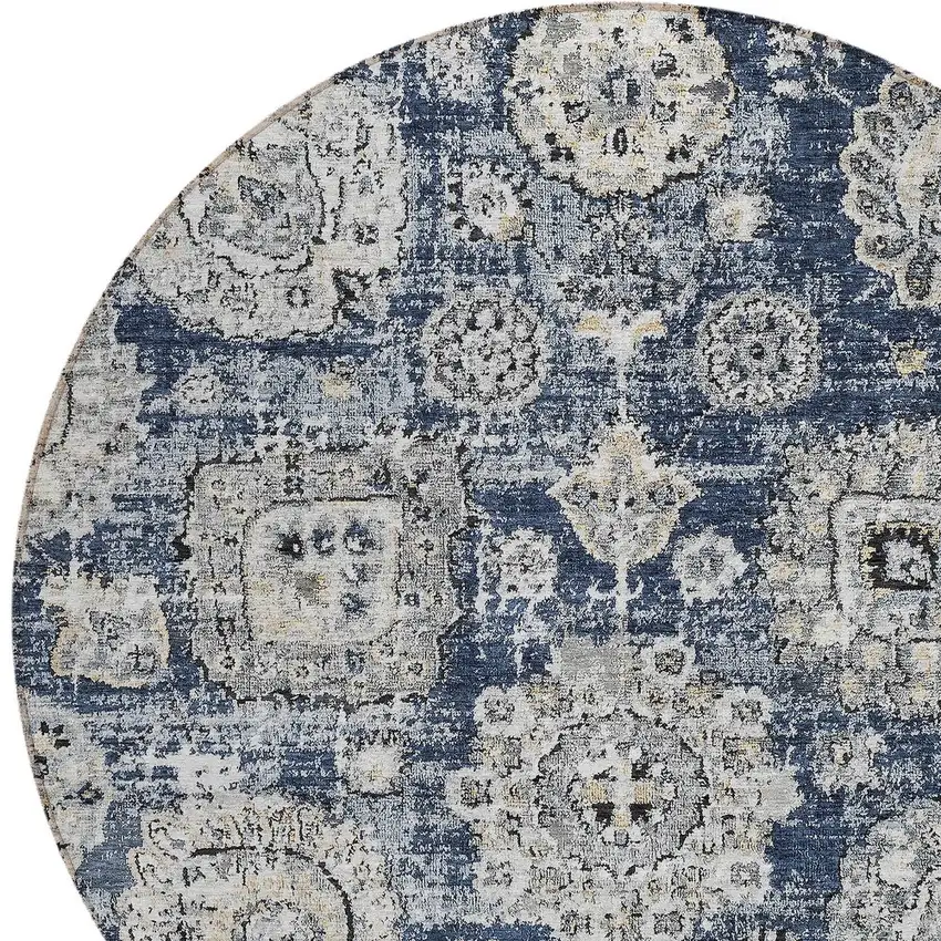 8' Navy Blue And Gray Round Floral Washable Indoor Outdoor Area Rug Photo 4