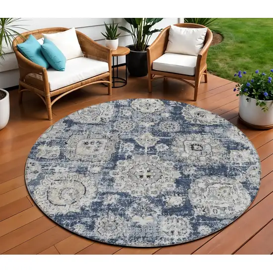 8' Navy Blue And Gray Round Floral Washable Indoor Outdoor Area Rug Photo 1