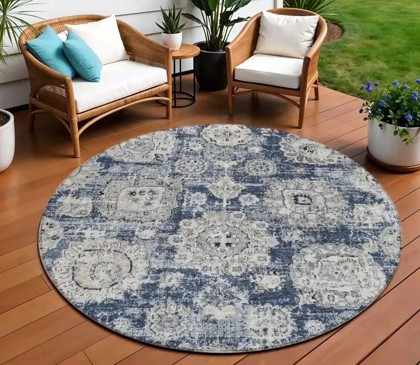 8' Navy Blue And Gray Round Floral Washable Indoor Outdoor Area Rug Photo 1