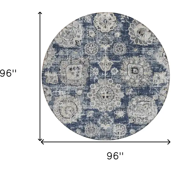 8' Navy Blue And Gray Round Floral Washable Indoor Outdoor Area Rug Photo 8