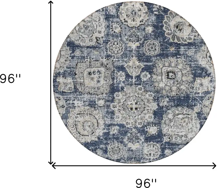 8' Navy Blue And Gray Round Floral Washable Indoor Outdoor Area Rug Photo 8
