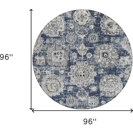 8' Navy Blue And Gray Round Floral Washable Indoor Outdoor Area Rug Photo 8