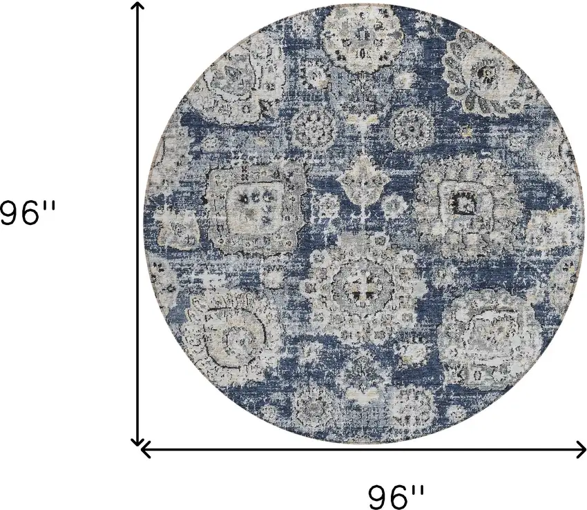 8' Navy Blue And Gray Round Floral Washable Indoor Outdoor Area Rug Photo 8