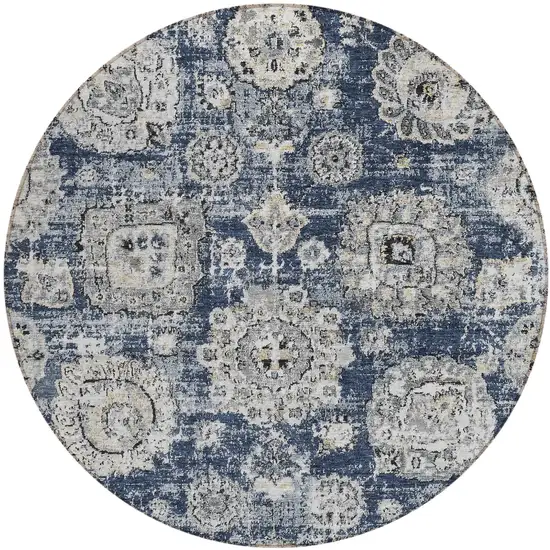8' Navy Blue And Gray Round Floral Washable Indoor Outdoor Area Rug Photo 1