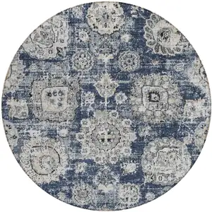 Photo of 8' Navy Blue And Gray Round Floral Washable Indoor Outdoor Area Rug