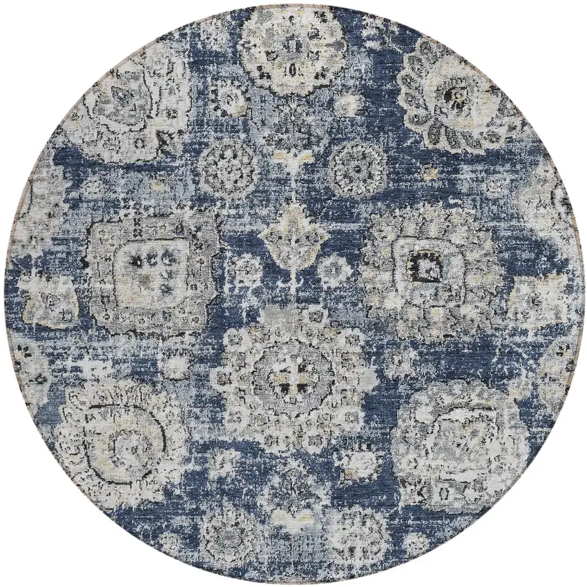 8' Navy Blue And Gray Round Floral Washable Indoor Outdoor Area Rug Photo 1