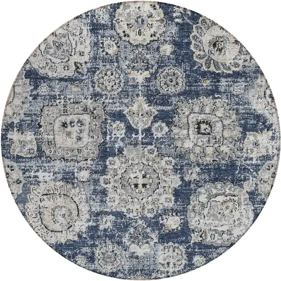 8' Navy Blue And Gray Round Floral Washable Indoor Outdoor Area Rug Photo 1