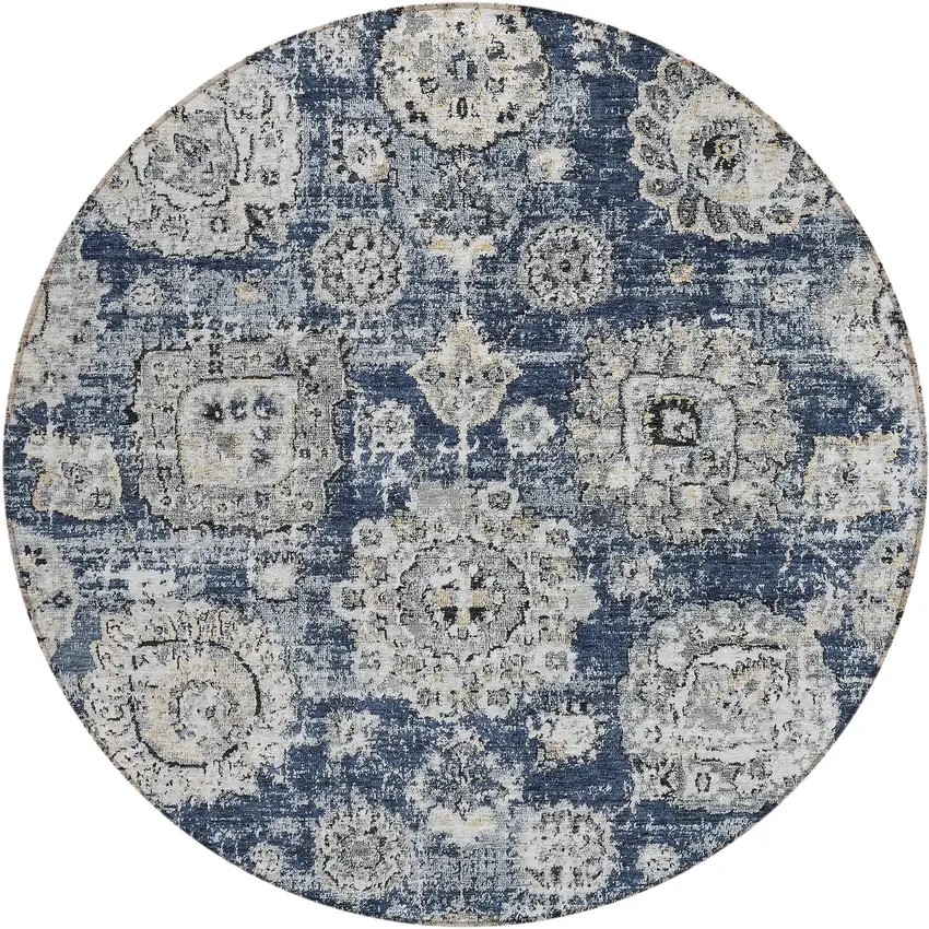 8' Navy Blue And Gray Round Floral Washable Indoor Outdoor Area Rug Photo 1