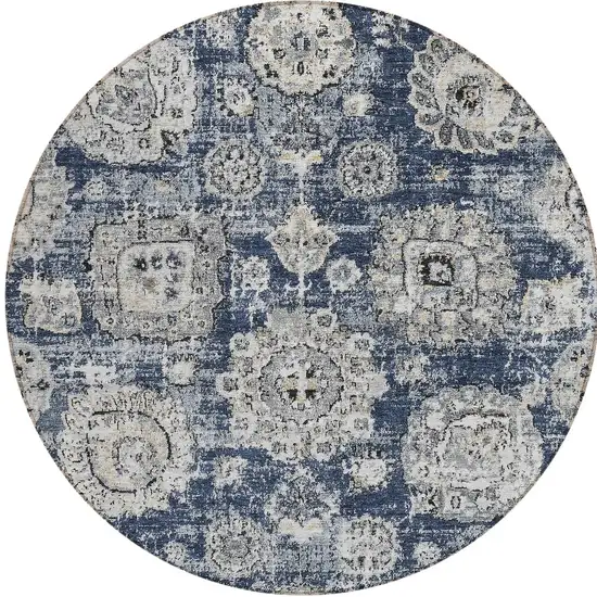 8' Navy Blue And Gray Round Floral Washable Indoor Outdoor Area Rug Photo 5