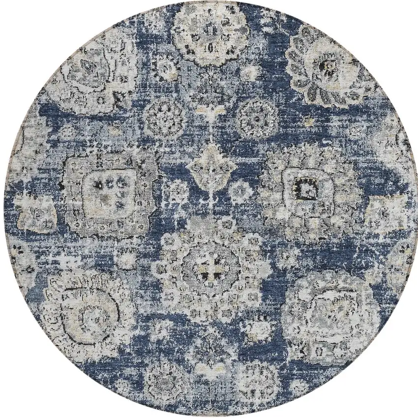 8' Navy Blue And Gray Round Floral Washable Indoor Outdoor Area Rug Photo 5