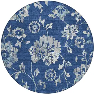 Photo of 8' Navy Blue And Gray Round Floral Washable Indoor Outdoor Area Rug