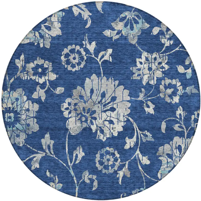 8' Navy Blue And Gray Round Floral Washable Indoor Outdoor Area Rug Photo 1