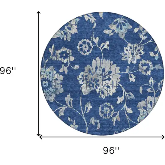 8' Navy Blue And Gray Round Floral Washable Indoor Outdoor Area Rug Photo 7