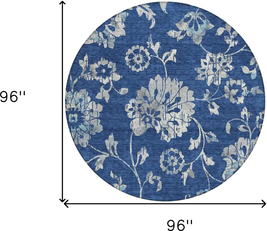 8' Navy Blue And Gray Round Floral Washable Indoor Outdoor Area Rug Photo 7