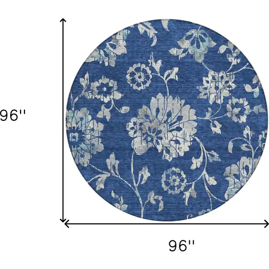 8' Navy Blue And Gray Round Floral Washable Indoor Outdoor Area Rug Photo 7