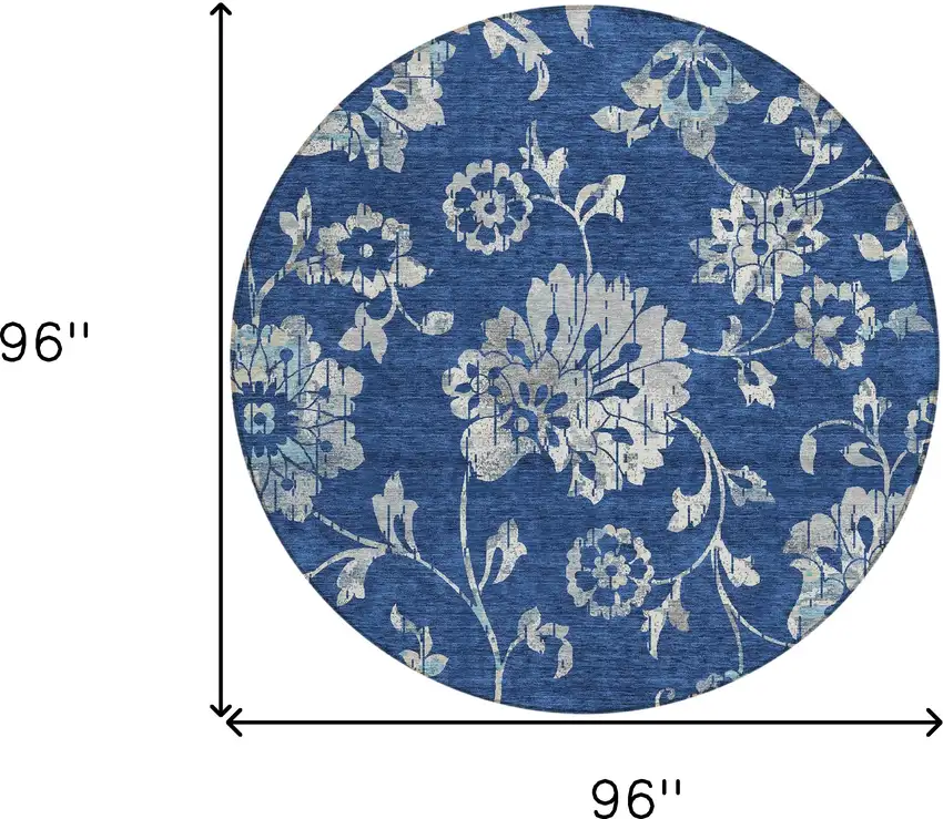 8' Navy Blue And Gray Round Floral Washable Indoor Outdoor Area Rug Photo 7