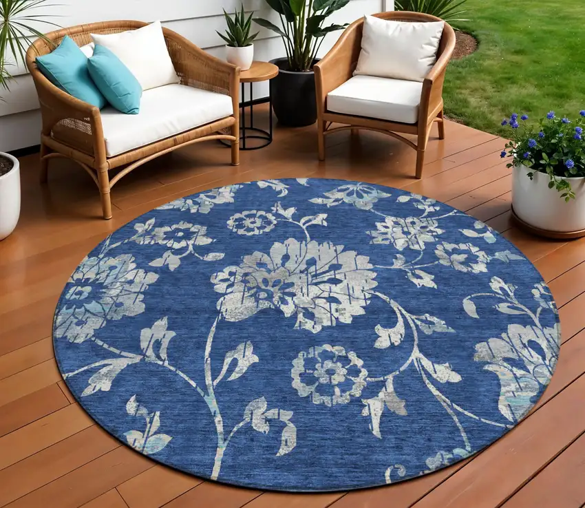8' Navy Blue And Gray Round Floral Washable Indoor Outdoor Area Rug Photo 2