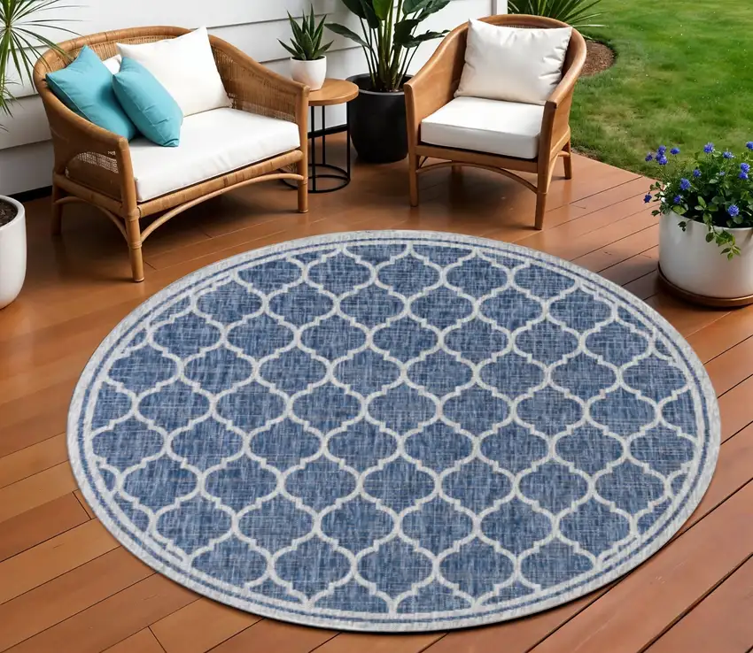 8' Navy Blue And Gray Round Geometric Indoor Outdoor Area Rug Photo 1