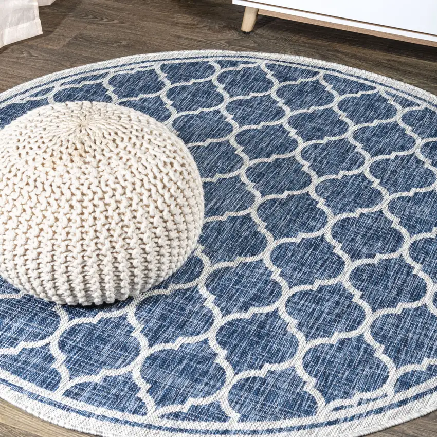 9' Navy Blue And Gray Round Geometric Indoor Outdoor Area Rug Photo 4