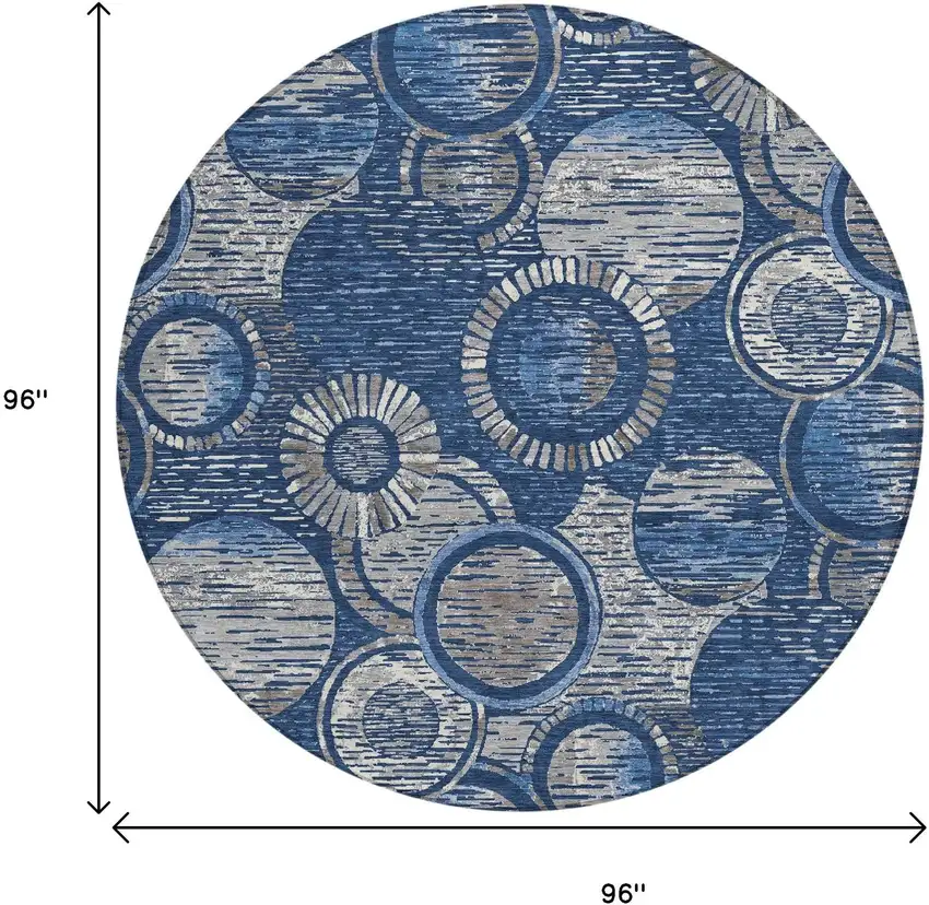 8' Navy Blue And Gray Round Geometric Washable Indoor Outdoor Area Rug Photo 9