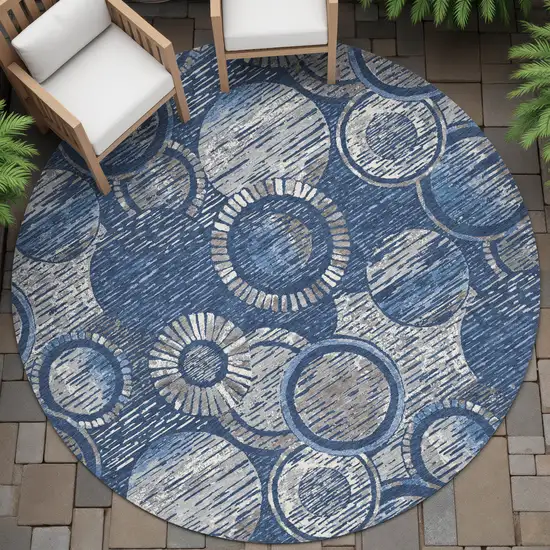 8' Navy Blue And Gray Round Geometric Washable Indoor Outdoor Area Rug Photo 7