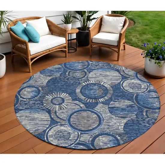 8' Navy Blue And Gray Round Geometric Washable Indoor Outdoor Area Rug Photo 2