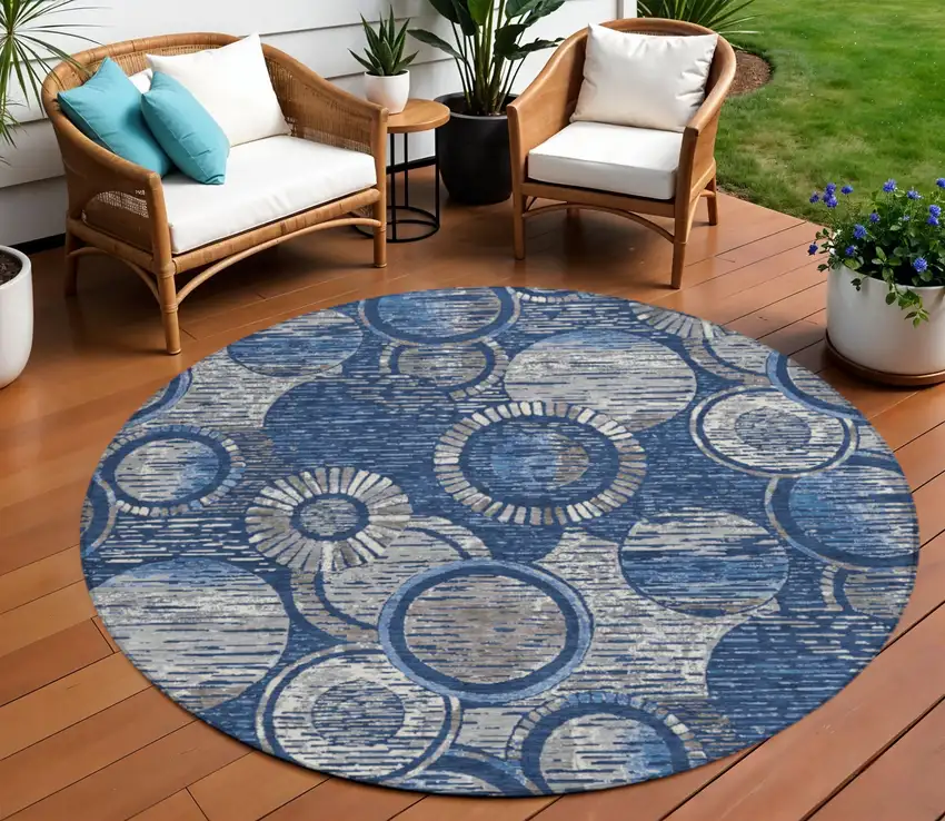8' Navy Blue And Gray Round Geometric Washable Indoor Outdoor Area Rug Photo 2